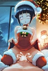 ai_generated bell_collar blush christmas christmas_clothing christmas_headwear christmas_outfit civitai collar cowgirl_position cum cum_in_pussy cum_inside cum_splatter dress dress_lift flat_chest hyuuga_hinata hyuuga_hinata(genin) indoors looking_at_viewer moaning motion_lines naruto naruto_(classic) night open_mouth sex shortstack shy thick_thighs thighhighs thighs viewed_from_below white_eyes wide_hips