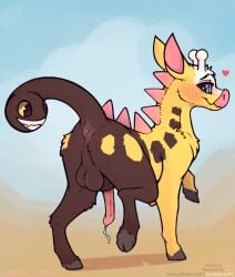 absurd_res animal_genitalia animal_penis anus ass backsack balls blush bodily_fluids feral fur generation_2_pokemon genital_fluids genitals girafarig giraffe_penis giraffid half-erect hi_res hooves horn living_tail male mammal nintendo ossicone penis perineum pokemon pokemon_(species) precum quadruped rear_view solo someone's_pc tail unusual_anatomy unusual_tail yellow_body yellow_fur yurusa