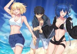 1boy 2girls alternate_costume antenna_hair arcueid_brunestud beach bikini black_bikini black_hair black_jacket blonde_hair blue_hair blue_shorts blush breasts ciel_(tsukihime) cleavage cowboy_shot cropped_jacket happy highres holding_another's_wrist huge_breasts jacket large_breasts melty_blood multiple_girls ocean scar scar_on_chest shirt short_hair shorts swimsuit thick_thighs tied_shirt tohno_shiki toomishou tsukihime type-moon wide_hips