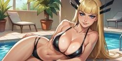 1girls ai_generated big_breasts bikini blonde_hair blue_eyes breasts chair cleavage female grin laying_on_side long_hair looking_at_viewer magik_(illyana_rasputin) marvel plant rexmagi smile smug solo swimming_pool swimsuit wide_hips x-men