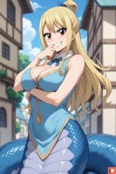 ai_generated arms_holding_breasts_up big_breasts blonde_female blonde_hair brown_hair city corruption dress evil_grin evil_smile fairy_tail female huge_breasts lamia lamia_lucy long_hair looking_at_viewer lucy_heartfilia monster monster_girl omega_weirdo outdoors patreon pov slit_eyes slit_pupils snake_girl yokai