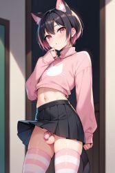 1boy ai_generated black black_hair cat_ears cat_tail catboy chastity_cage chastity_device femboy girly looking_at_viewer midriff multicolored_hair penis pink_eyes pink_hair skirt skirt_lift striped_legwear sweater