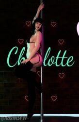 alternate_version_available bra charlotte_(fortnite) clothed clothed_female clothing female female_only fortnite hand_on_thigh heart heart looking_at_viewer raxinsfw shiny shiny_skin smile smiling smiling_at_viewer solo solo_female stripper stripper_pole tattoo tattoos thigh_highs thighhighs thong wink winking winking_at_viewer