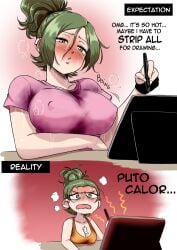 1girls 2koma big_breasts blush castagno cleavage clothing covered_nipples curvy erect_nipples_under_clothes expectation_vs_reality funny green_eyes green_hair heat humor issa94 issa_castagno_(character) self_insert spanish_text summer sweat text tied_hair