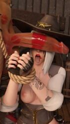 1futa 1girls 3d 3d_(artwork) abs ashe_(overwatch) balls big_balls big_penis bondage breasts cum cum_on_body cum_on_breasts erection female femsub futa_on_female futadom futanari hat ilyas junker_queen larger_futanari lipstick lipstick_mark lipstick_on_penis muscular muscular_futanari nipples open_mouth overwatch penis penis_over_eyes rope running_mascara runny_makeup size_difference smaller_female tongue tongue_out white_hair