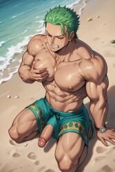 1boy ai_generated ass_visible_through_thighs asshole beach big_ass big_biceps big_breasts big_butt big_muscles black_underwear blue_shorts blush cock_out_of_pants dominant_male gay gay_sex green_hair looking_back male male_only muscular muscular_arms muscular_back muscular_male muscular_thighs no_body_hair nude nude_male one_piece roronoa_zoro sex sexy_underwear smirking solo solo_focus stroking_penis swimming swimsuit swimwear tan_body toned_body underwear zoro zoro_(one_piece)