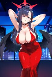 1girls ai_generated alternate_costume big_breasts black_hair blue_archive breasts dress female female_focus female_only grey_eyes huge_breasts ichika_(blue_archive) large_breasts one_eye_closed thick_thighs thighs wings