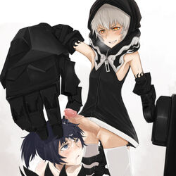 2girls armpits black_hair black_rock_shooter blush cum drawfag erection facial flat_chest futa_with_female futanari head_grab hood intersex kuroi_mato large_penis mechanical_arms minidress multiple_girls no_panties penis pussy short_hair short_twintails strength_(black_rock_shooter) sweat tail thighhighs tied_hair twintails white_hair white_legwear yellow_eyes zipper