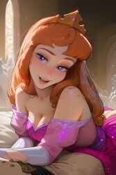 ai_generated aurora aurora_(sleeping_beauty) bare_shoulders blonde_hair blush caucasian cleavage disney disney_princess dress female gown indoors long_hair looking_at_viewer off_shoulder on_bed on_stomach pink_dress princess purple_eyes seductive seductive_look seductive_smile sleeping_beauty_(1959_film) smile strapless_dress targyria tiara