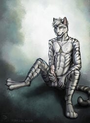 abs anthro aolun balls blue_eyes claws cum cum_on_chest cumshot erection feline fur furry imiak male male_only masturbation muscles necklace nude orgasm paws pecs pendant penis solo stripes tiger white_fur