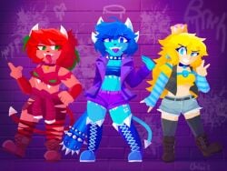 3girls blue_body blue_hair blue_skin boots clubette crop_top crown cubette demon demon_girl demon_horns demon_tail demoness_(geometry_dash) female female_only geometry_dash gloves goes_hard hand_on_hip hard_image humanized implied_yuri jacket jacket_around_waist light-skinned_female light_skin no_belly_button no_navel no_sex punk punk_girl red_body red_hair red_skin striped_gloves super_crown tattoo tattoo_on_leg trio trio_female yellow_hair