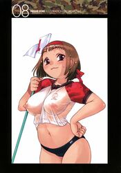 1girls blush breasts brown_eyes brown_hair copyright_request female flag gym_uniform highres looking_at_viewer nipples nishi_iori page_8 see-through short_hair smile solo wet wet_clothes wet_shirt