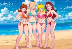 4girls beach bikini blonde_hair breasts brown_hair crown female females furboz mario_(series) navel_piercing nintendo pauline princess_daisy princess_peach princess_rosalina