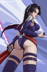 1girls afrotunaart asian asian_female ass ass_focus black_hair earrings long_hair looking_at_viewer looking_back marvel marvel_rivals psylocke psylocke_(marvel_rivals) vengeance_psylocke x-men