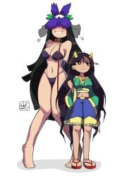 2girls belly belly_button big_breasts black_hair blush breast couple couple_(romantic) covered covered_eyes dushiido female fully_clothed girlfriend hair hands_behind_back height_difference horns leash leash_and_collar leashed_collar lesbian_couple light-skinned_female light_skin long_hair mostly_nude nippaku_zanmu oni red_eyes shorts size_difference smaller_female taller_female taller_girl touhou underwear very_long_hair yomotsu_hisami yuri