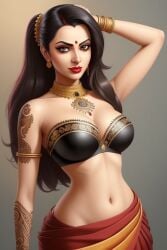 1girls ai_generated bangle bare_shoulders big_breasts bindi cleavage earrings henna hourglass_figure indian indian_clothes indian_female jewelry light-skinned_female light_skin looking_at_viewer married married_woman navel necklace ponytail red_lipstick saree sari sindoor slender_waist slim_waist smile solo solo_female tattoo temporary_tattoo wide_hips