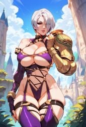 2d ai_generated armor big_breasts bikini bikini_armor female female_focus female_only gauntlets isabella_valentine outdoors pauldrons short_hair solo solo_female solo_focus soul_calibur tagme white_hair