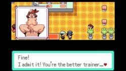 pokemon pokemon_rse pokemon_anthro_emerald wally_(pokemon) anthroemerald dickgirl futanari pixel_art sprite 1boy 1futa sex mod male_on_futa ahe_gao ahegao cum cowgirl_position sitting_on_person pov hands_behind_back anal anal_penetration bandana looking_up may_(pokemon)