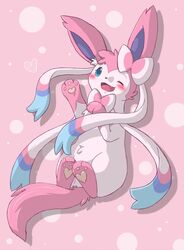 blue_eyes blush cute eeveelution generation_6_pokemon heart hindpaw ninfia nintendo open_mouth paws pink pokemon pokemon_(species) solo sylveon video_games wink