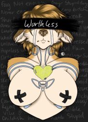 anthro big_breasts breasts bust_portrait covered_nipples domestic_cat ears_down exposed_breasts felid feline felis female hi_res intrusive_thoughts mammal markings pivoted_ears plush_(character) portrait sad simz_art solo tattoo tears_of_sadness