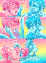 2boys blowjob blue_eyes blue_goo blue_slime color_coded_speech_bubble comic comic_page goo goo_boy male_only marshmallowmaximus monster_boy multiple_boys oral penis pink_eyes pink_goo pink_slime slime speech_bubble yaoi