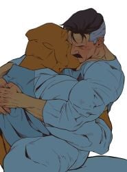allen_the_alien bonjourdraws daddy dilf gay hug hugging hugging_while_kissing interspecies invincible invincible_(tv_series) kissing kissing_while_hugging male moustache muscular muscular_male nolan_grayson omni-man orange_body orange_skin viltrumite