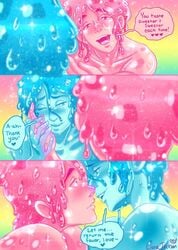 2boys blue_eyes blue_goo blue_slime color_coded_speech_bubble comic goo goo_boy imminent_kiss marshmallowmaximus monster_boy penis pink_eyes pink_goo pink_slime slime slime_boy speech_bubble yaoi