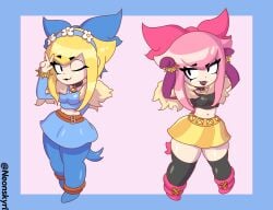 2girls blonde_hair breasts female melodie_(brawl_stars) panties pink_hair short_skirt skirt socks thick_thighs