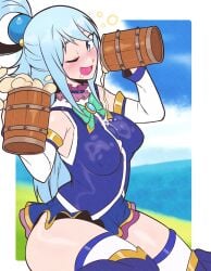 1girls alcohol aqua_(konosuba) beer big_breasts blush breasts drooling drunk drunk_bubble eye_closed female female_only hi_res jeffmiga kono_subarashii_sekai_ni_shukufuku_wo! looking_at_viewer open_mouth shiny_skin solo spilled_drink thick_thighs thighs wet wet_clothes wink