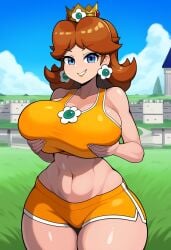 1girls ai_generated blue_eyes brown_hair female female_only gigantic_breasts grabbing_breasts gym_shorts huge_breasts huge_hips lubbasdump mario_(series) nintendo princess princess_daisy royalty smirk tank_top tomboy voluptuous wide_hips