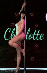 breasts charlotte_(fortnite) completely_nude completely_nude_female female female_only fortnite hand_on_thigh nude nude_female open_mouth open_mouth raxinsfw shiny shiny_skin solo solo_female stripper stripper_pole tattoo tattoos wink winking winking_at_viewer