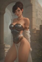 1girls ai_generated ancient_greece armor athena_(greek_mythology) athletic_female blue_eyes brown_hair fit_female full_lips gold_jewelry heroineshowcase large_breasts necklace no_panties pelvic_curtain smirking thick_thighs