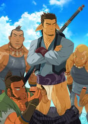 4boys armor balls bara blush body_hair censored embarrassed erection kfutaba male male_only male_pubic_hair monster_hunter muscle muscles pants_down penis penis_grab penis_out pubic_hair sweat sword underwear_aside weapon yaoi