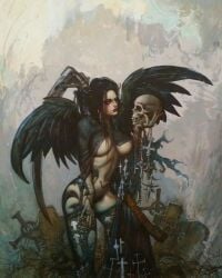 1girls big_breasts black_hair breasts cross earrings female fishnets goth goth_girl gothic graveyard hairy_pussy nipples pubic_hair pussy simon_bisley skimpy skull solo torn_clothes traditional_media_(artwork) wings