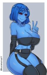 1girls 2d alien alien_girl arm_behind_back arm_up arm_warmers armwear big_breasts black_clothing black_sclera blue-skinned_female blue_body blue_hair blue_skin border breasts chiss cleavage curvy ero_(swtor) erochiss eyes female female_only garter_belt garter_straps gesture gesturing_at_viewer grey_background hair happy humanoid kuromaruart legs lewd lingerie looking_at_viewer massive_breasts midriff open_eyes original_character peace_sign red_eyes shiny_hair shiny_skin shirt short_hair signature sitting sleeveless smile socks solo star_wars star_wars:_the_old_republic stockings thick_thighs thighhighs thighs tubetop updated_art voluptuous voluptuous_female white_border