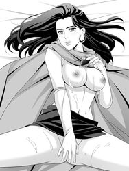 1girls battle_tendency black_and_white black_hair breasts brown_hair cape covering_pussy cum cum_on_belly cum_on_breasts cum_on_thighs cum_on_upper_body earrings female gloves human human_female jewelry jojo's_bizarre_adventure large_breasts lisa_lisa long_hair looking_at_viewer mature milf mother necklace nipples no_bra no_panties no_shirt shounen_jump thick_eyebrows zero1