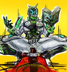 2boys anal anal_sex armor armored_male balls balls_out belt bodysuit book censored censored_balls censored_penis cowboy cowboy_position cum cum_in_ass erect_penis erection gay gay_anal gay_sex green_armor grey_bodysuit hand_up helmet holding_book kamen_rider kamen_rider_geiz kamen_rider_zi-o_(series) legs_apart legs_spread male male/male male_focus male_only mask masked masked_male motion_lines orgasm penis penis_out reading reading_book red_armor red_bodysuit ride riding riding_penis squatting squatting_cowboy_position sweat sweatdrop sweating watch woz yaoi