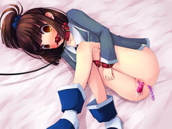 1girls anal_beads arle_nadja bed blush blushing bondage collar dildo gag gagged japanese_female japanese_people japanese_person leash lying madou_monogatari necklace no_panties no_skirt pussy puyo_puyo puyo_puyo_7 puyo_puyo_fever saliva school_uniform schoolgirl_uniform sex_toys slave sweetsprite tagme tears