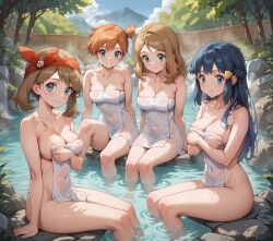 4girls ai_generated aqua_eyes arm_support asymmetrical_hair bandana bangs bare_arms bare_legs bare_shoulders bathing blonde_hair blue_eyes blue_hair blue_sky blush breasts brown_hair clavicle cleavage closed_mouth clothing cloud covered_navel covering covering_breasts dawn_(pokemon) day eyelashes female female_only fence green_eyes grin hair_ornament hairclip kasumi_(pokemon) large_breasts legs long_hair looking_at_viewer may_(pokemon) medium_breasts mountain multiple_girls naked_towel navel nipples nude onsen orange_hair outdoors partially_submerged pokemon pokemon_character ponytail protagonist_(pokemon) rock serena_(pokemon) shiny_skin short_hair side_ponytail sidelocks sitting sky smile soaking_feet steam sunlight thighs tied_hair towel tree water wet