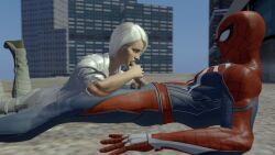 1boy1girl blowjob holding_penis marvel marvel_comics peter_parker rooftop rooftop_sex silver_sable silver_sable_(insomniac) silver_sablinova spider-man_(insomniac) spider-man_(series) sucking_penis