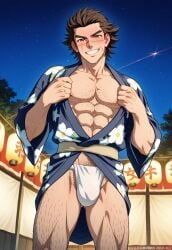 ai_generated bara body_hair embarrassed festival flashing fundoshi gay golden_kamuy kimono male male_only muscular sugimoto_saichi yaoi yoichisai