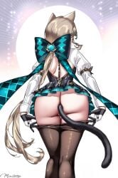 absurd_res ai_generated animal_ears ass bow cat_ears cat_girl cat_tail female from_behind genshin_impact gloves long_hair long_sleeves lynette_(genshin_impact) ministro multiple_tails no_panties pantyhose solo tail tail_bow very_long_hair