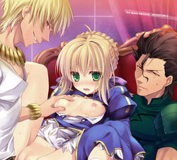 ahoge artoria_pendragon bankoku_ayuya black_hair blonde_hair blush bracelet breast_grab breasts dress fate/zero fate_(series) gangbang gilgamesh green_eyes group_sex hair_ribbon jewelry lancer_(fate/zero) mole necklace nipples pussy red_eyes ribbon saber saliva spread_legs yellow_eyes