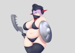 1girls alternate_version_available armor big_breasts bikini bikini_bottom bikini_top blush breasts bullet_knights_executioner chubby chubby_female embarrassed eyebrows_visible_through_hair female female_focus female_only gloves gradient_eyes grey_background hair_over_one_eye helmet holding_object large_breasts looking_at_viewer low-angle_view megami_device multicolored_eyes purple_eyes purple_hair shield short_hair simple_background solo subten thick_thighs thighhighs thighs weapon yellow_eyes