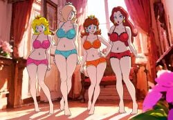 4girls blonde_hair breasts brown_hair crown furboz lingerie mario_(series) navel_piercing nintendo pauline princess_daisy princess_peach princess_rosalina