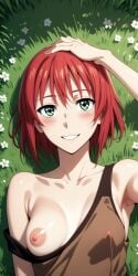 _yumidreams ai_generated armpit bare_shoulders blush breast_out breast_outside brown_shirt collarbone female female_focus female_only flowers grass green_eyes hand_on_head hatori_chise lying lying_on_back mahoutsukai_no_yome medium_breasts nipples no_bra one_breast_out outdoors patreon_username red_hair short_hair small_breasts smile strap_slip teeth the_ancient_magus_bride upper_body