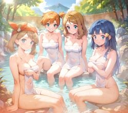 4girls ai_generated aqua_eyes arm_support asymmetrical_hair bandana bangs bare_arms bare_legs bare_shoulders bathing blonde_hair blue_eyes blue_hair blue_sky blush breasts brown_hair clavicle cleavage closed_mouth clothing cloud covered_navel covering covering_breasts dawn_(pokemon) day eyelashes female female_only fence green_eyes grin hair_ornament hairclip kasumi_(pokemon) large_breasts legs long_hair looking_at_viewer may_(pokemon) medium_breasts mountain multiple_girls naked_towel navel nipples nude onsen orange_hair outdoors partially_submerged pokemon pokemon_character ponytail protagonist_(pokemon) rock serena_(pokemon) shiny_skin short_hair side_ponytail sidelocks sitting sky smile soaking_feet steam sunlight thighs tied_hair towel tree water wet