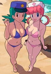 2girls beach bikini boobs breasts female females furboz navel_piercing nintendo nurse_joy officer_jenny_(pokemon) pokemon