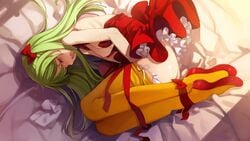 bed blush breasts eiyuu_senki game_cg green_hair marco_polo_(eiyuu_senki) masturbation nipples oyari_ashito wet