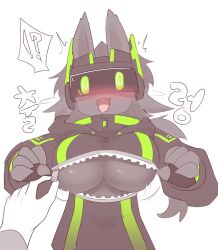 2025 5_fingers absurd_res big_breasts black_body black_hair blush breast_zipper breasts clothed clothing coil_(sabgong) cybernetics green_eyes hair hi_res korean_text looking_at_viewer oga41256714 open_mouth simple_background suprised text white_background zipper